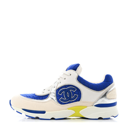 Chanel Suede Calfskin CC Sneakers 38 White Blue Yellow 1 of 9