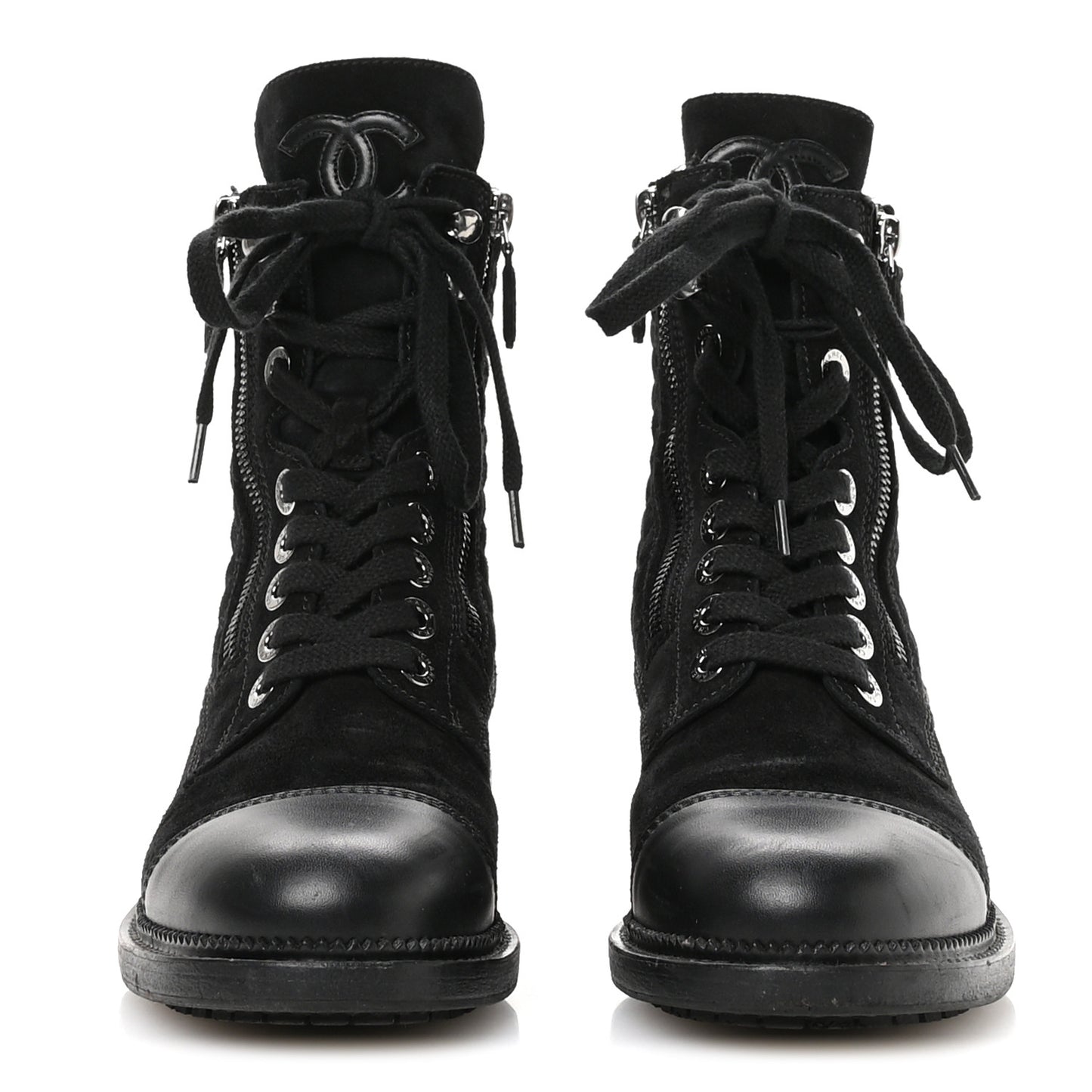 Suede Calfskin Quilted Lace Up Combat Boots 37 Black