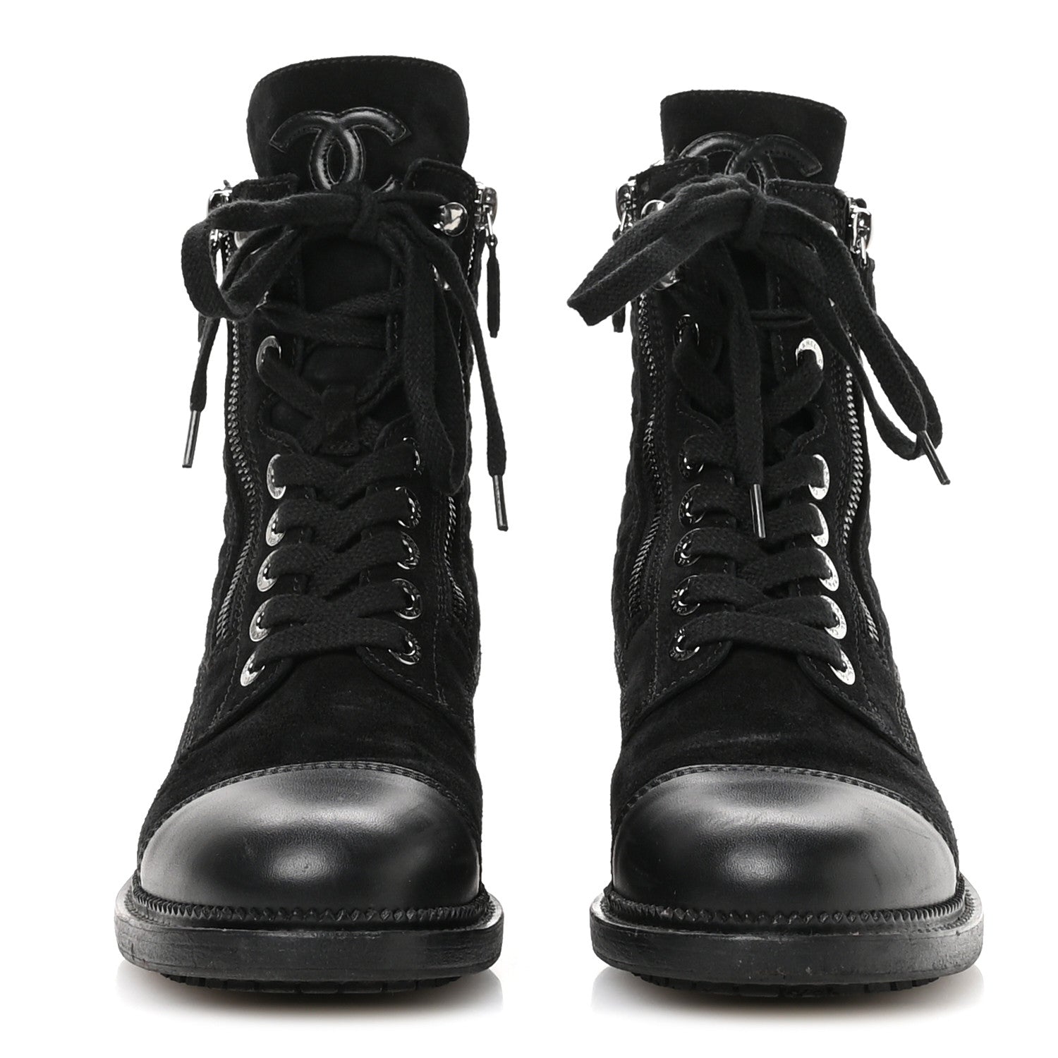 Chanel Suede Calfskin Quilted Lace Up Combat Boots 37 Black 3 of 9