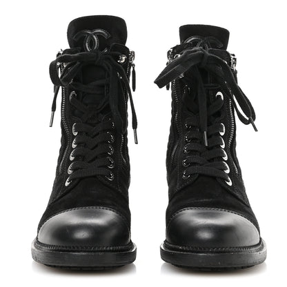 Chanel Suede Calfskin Quilted Lace Up Combat Boots 37 Black 3 of 9