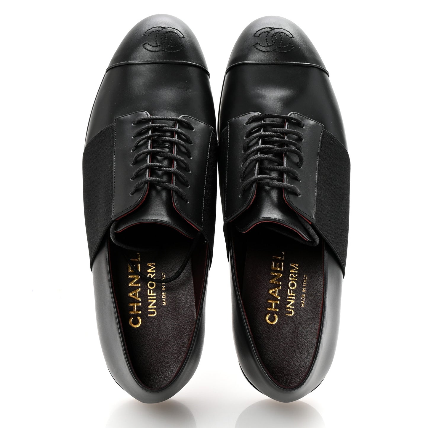 Calfskin Elastic Lace Up Cap Toe CC Loafers 37.5 Black