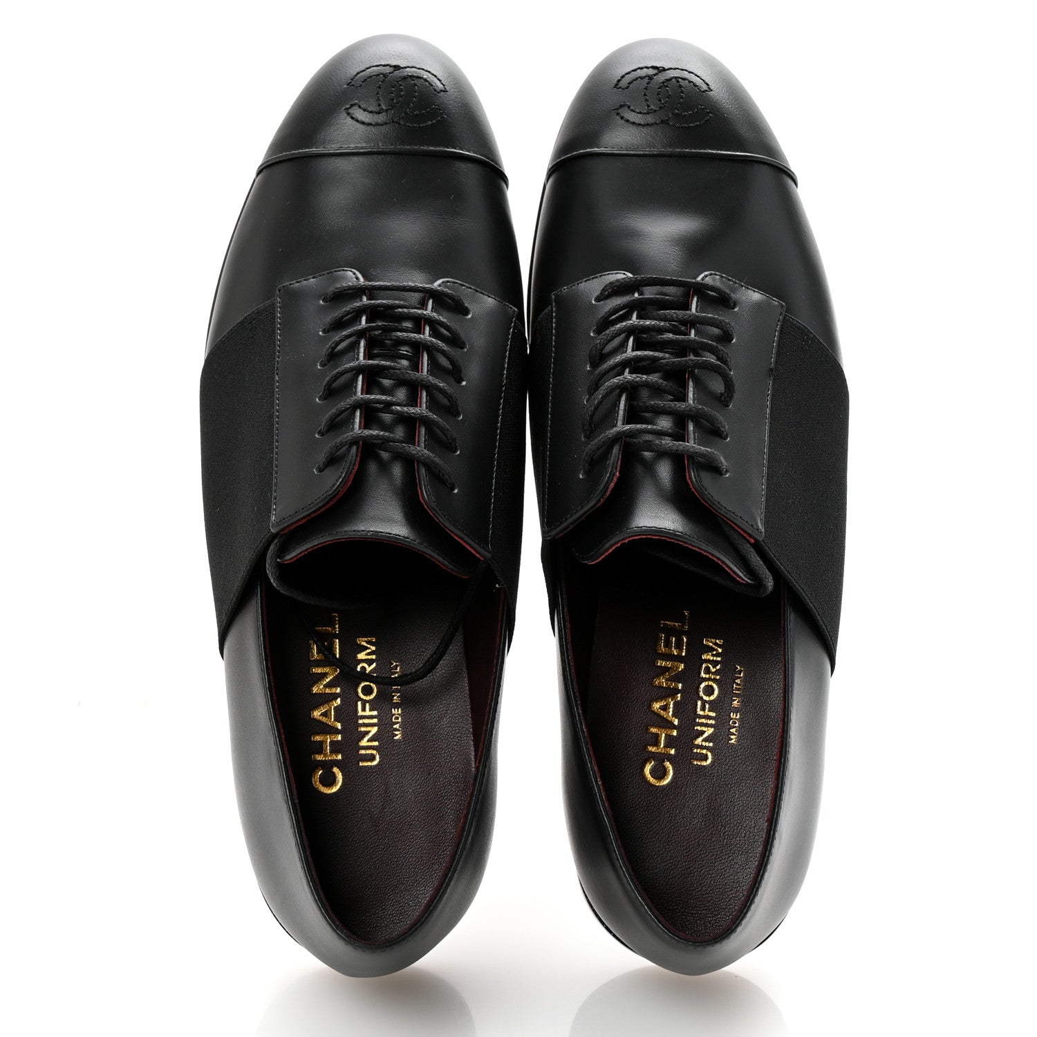 Chanel Calfskin Elastic Lace Up Cap Toe CC Loafers 37.5 Black 2 of 9