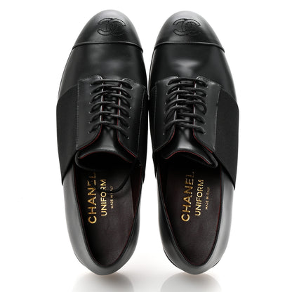 Chanel Calfskin Elastic Lace Up Cap Toe CC Loafers 37.5 Black 2 of 9