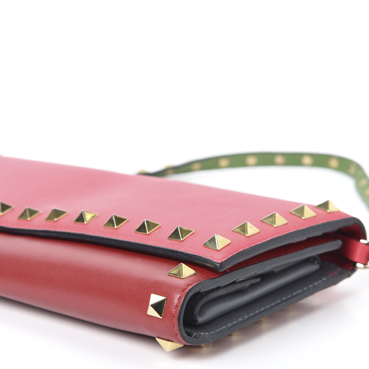 Valentino Garavani Vitello Colorblock Rockstud Wallet On Strap Deep Rose Green Grey Scarlet 6 of 11