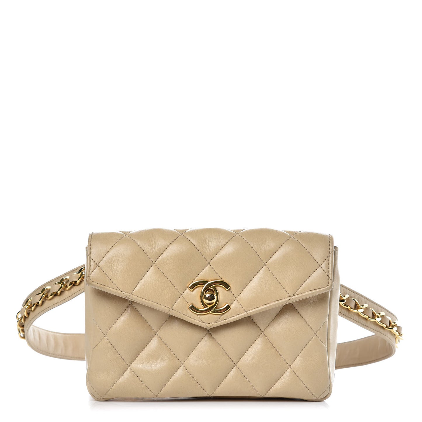 Lambskin Quilted Flap Waist Belt Bag Beige