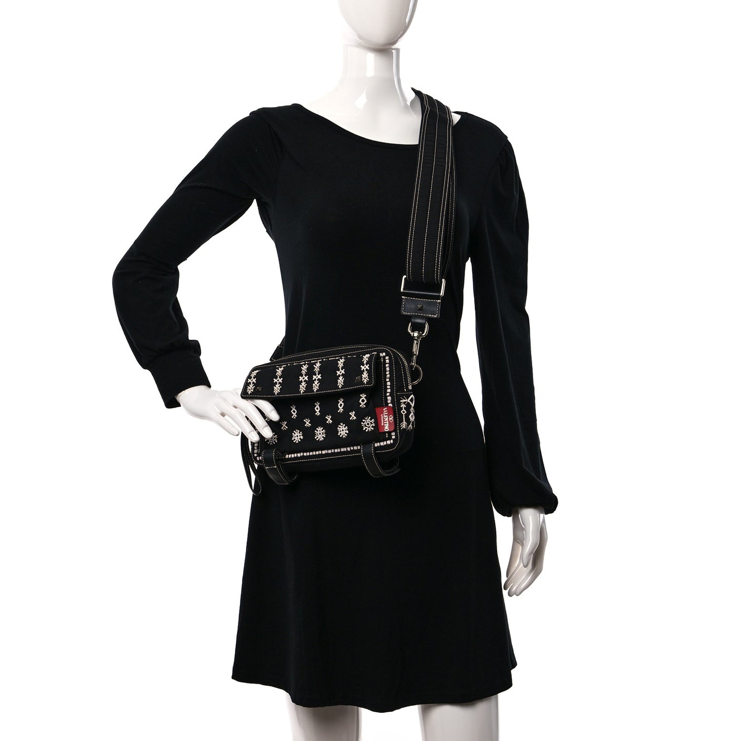 Canvas Embellished Rockstud Convertible Bag Black White