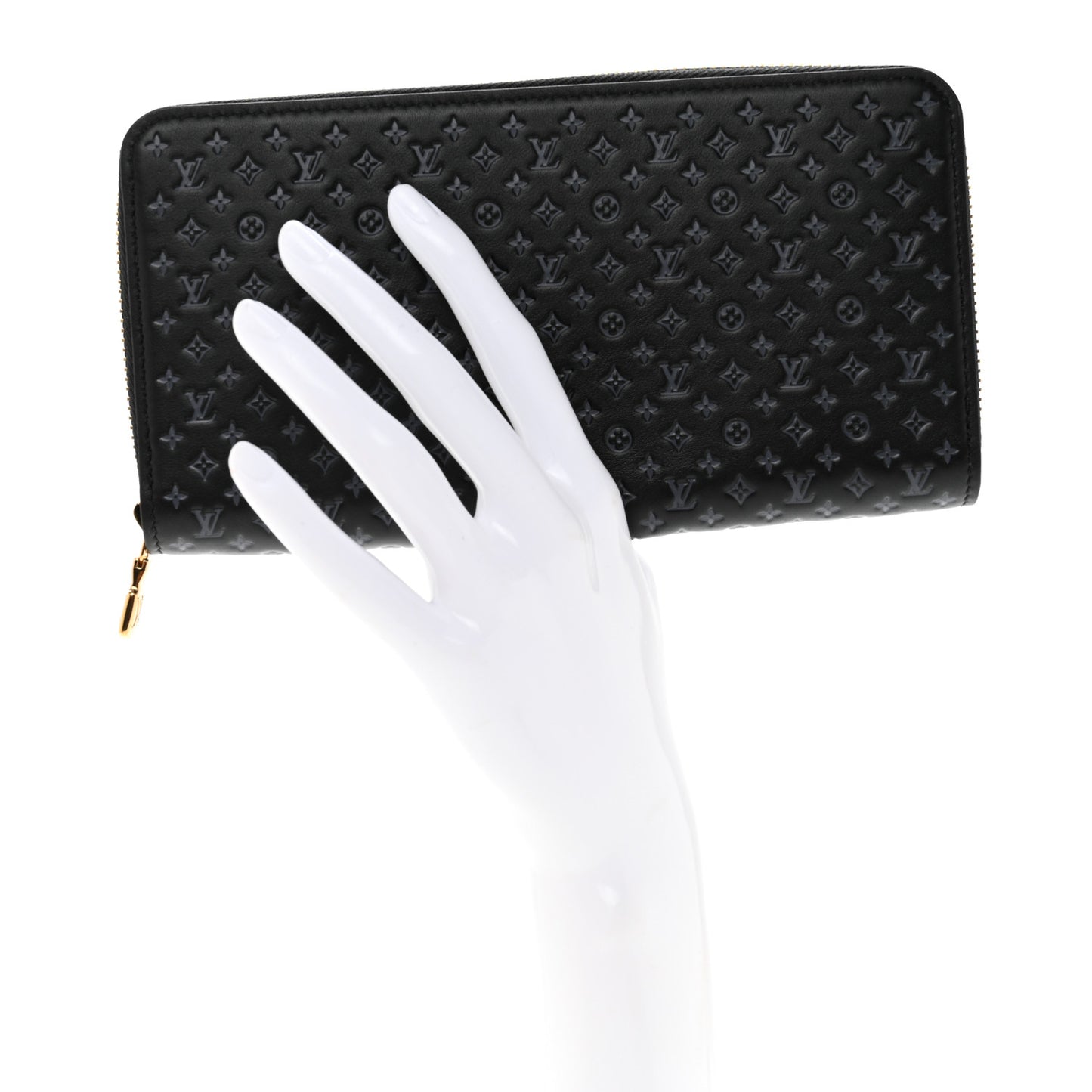 Calfskin Nanogram Embossed Zippy Wallet Black