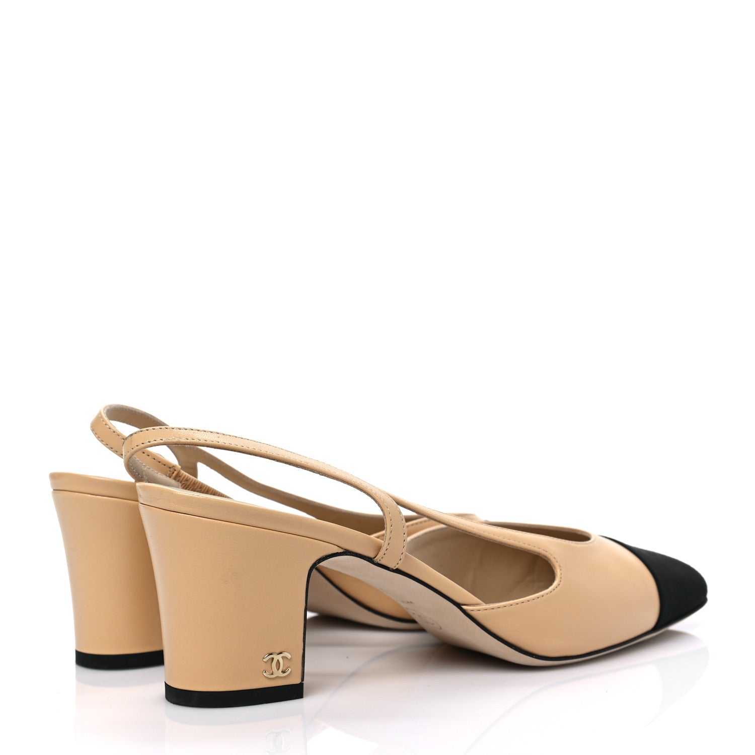 Chanel Goatskin Grosgrain Cap Toe CC Slingback Pumps 40 Beige Black 4 of 9