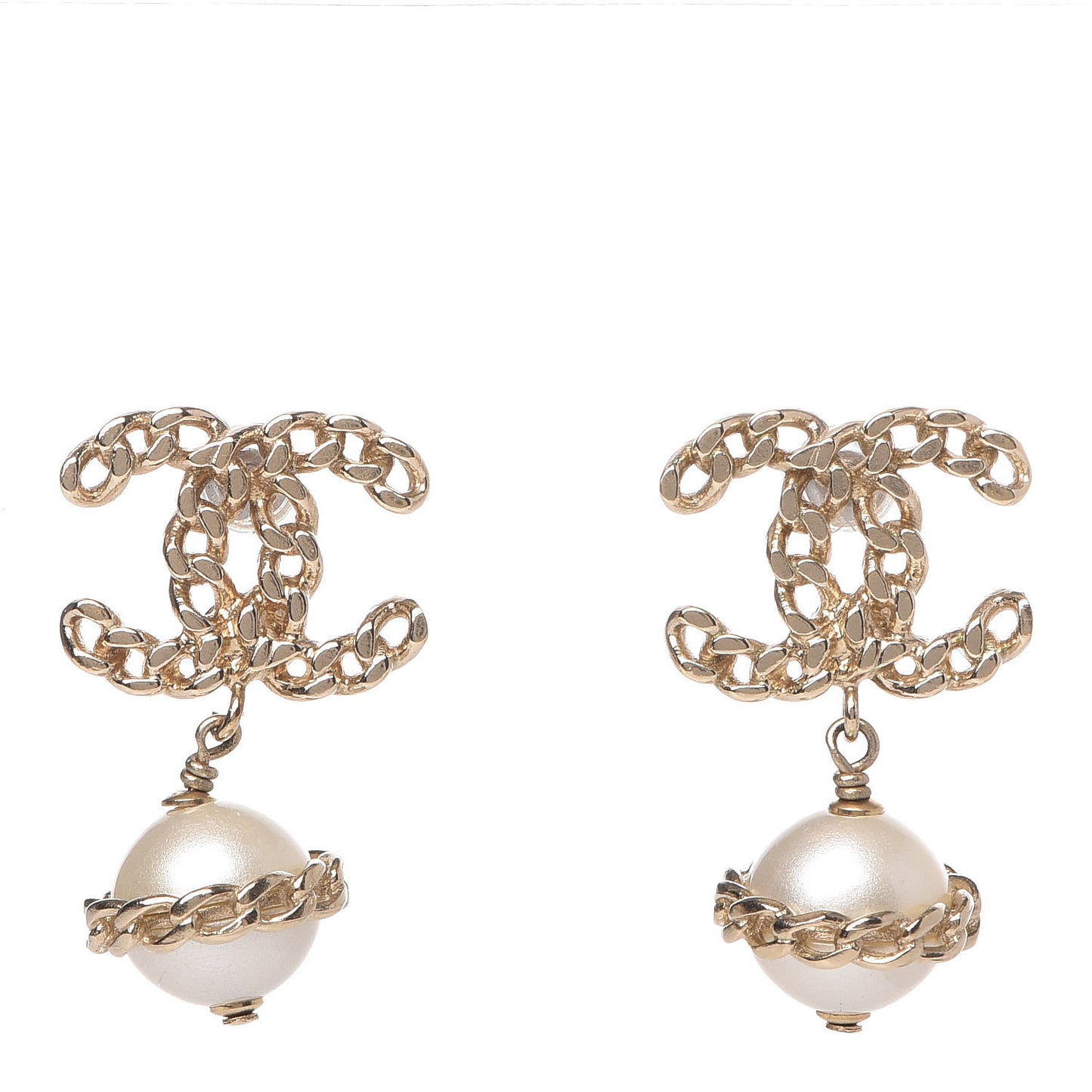 Chain Pearl CC Drop Earrings Gold