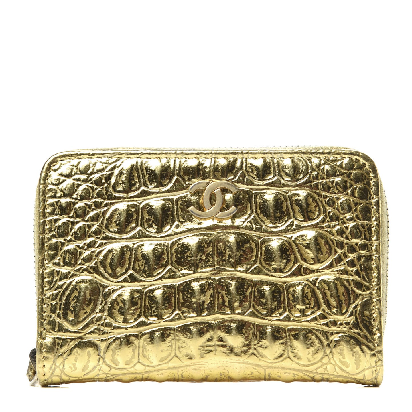 Metallic Calfskin Crocodile Embossed Cocodile Zip Coin Case Gold