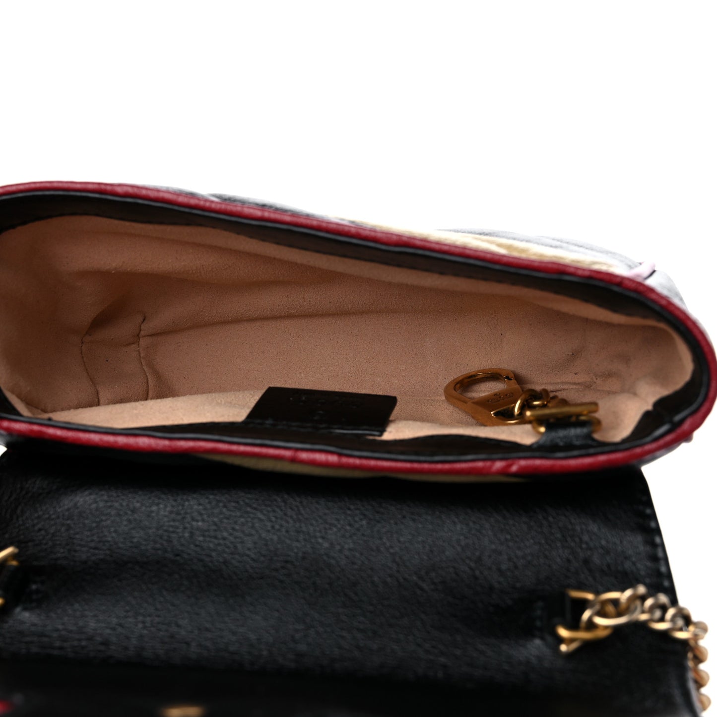 Vintage Effect Calfskin Matelasse Diagonal Striped Super Mini Torchon GG Marmont Shoulder Bag Black Beige