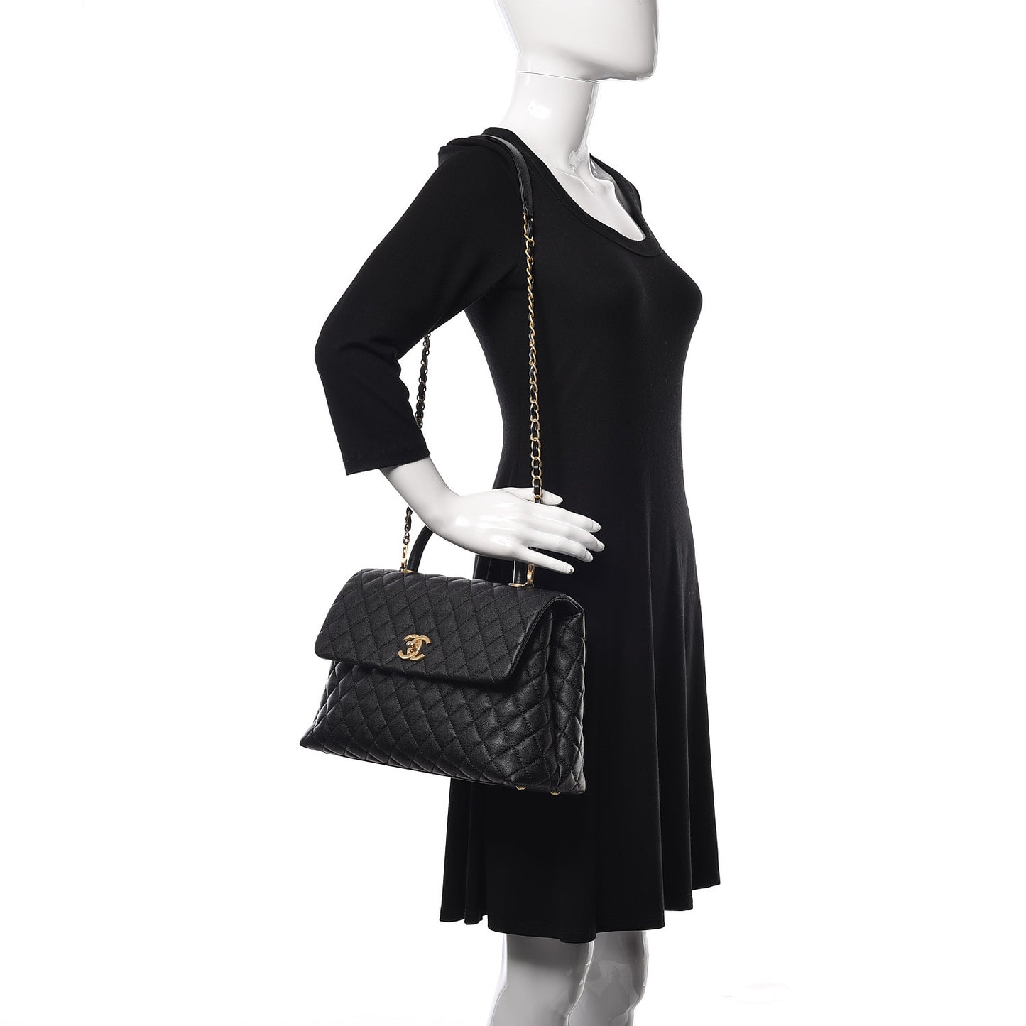 Caviar Quilted Large Coco Handle Flap Black