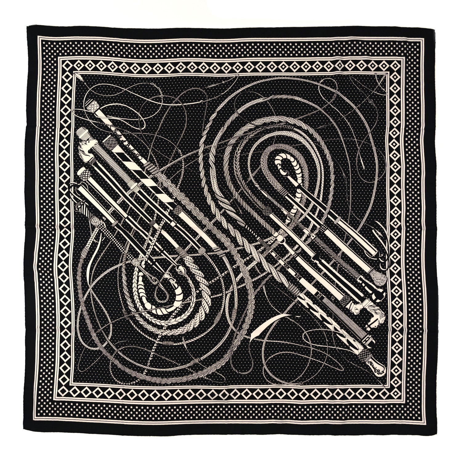 Hermes Silk Cashmere Fouets Et Badines Bandana Shawl 140 White Black 1 of 7