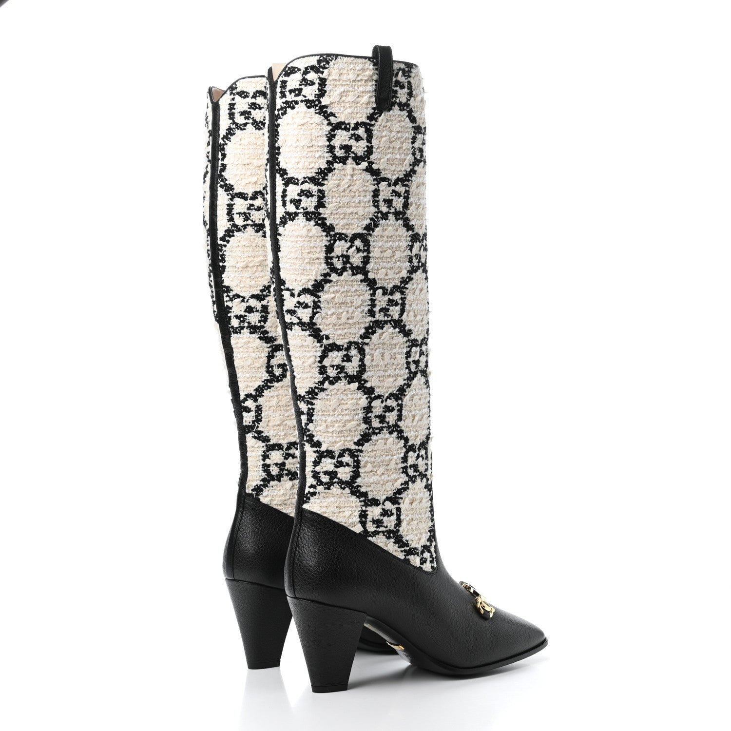 Gucci Tweed GG Monogram Wrinkled Kid Zumi Knee Boots 37.5 Natural Black 3 of 4