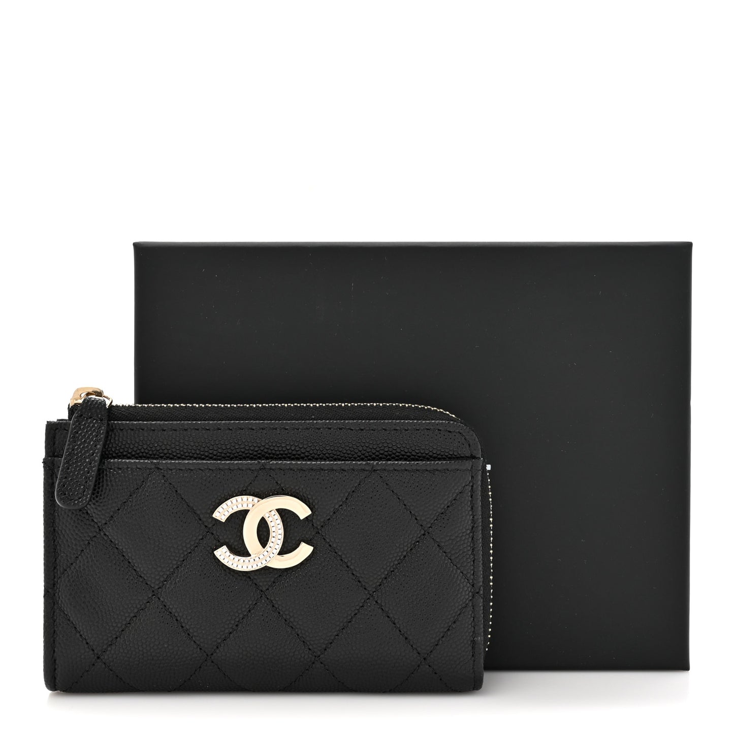 Caviar Quilted Crystal CC Zip Around Card Holder Black