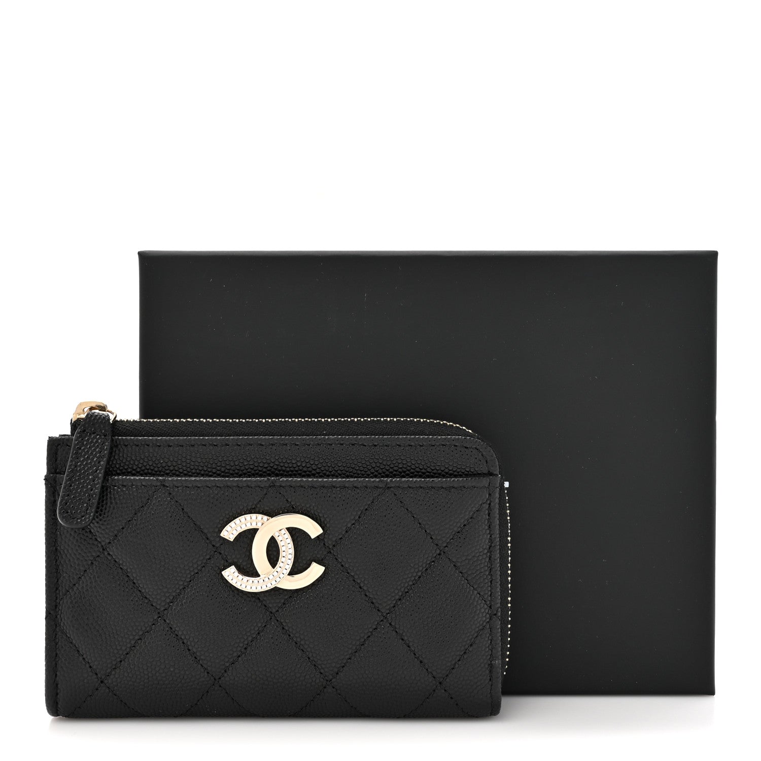 Chanel Caviar Quilted Crystal CC Zip Around Card Holder Black 9 of 9