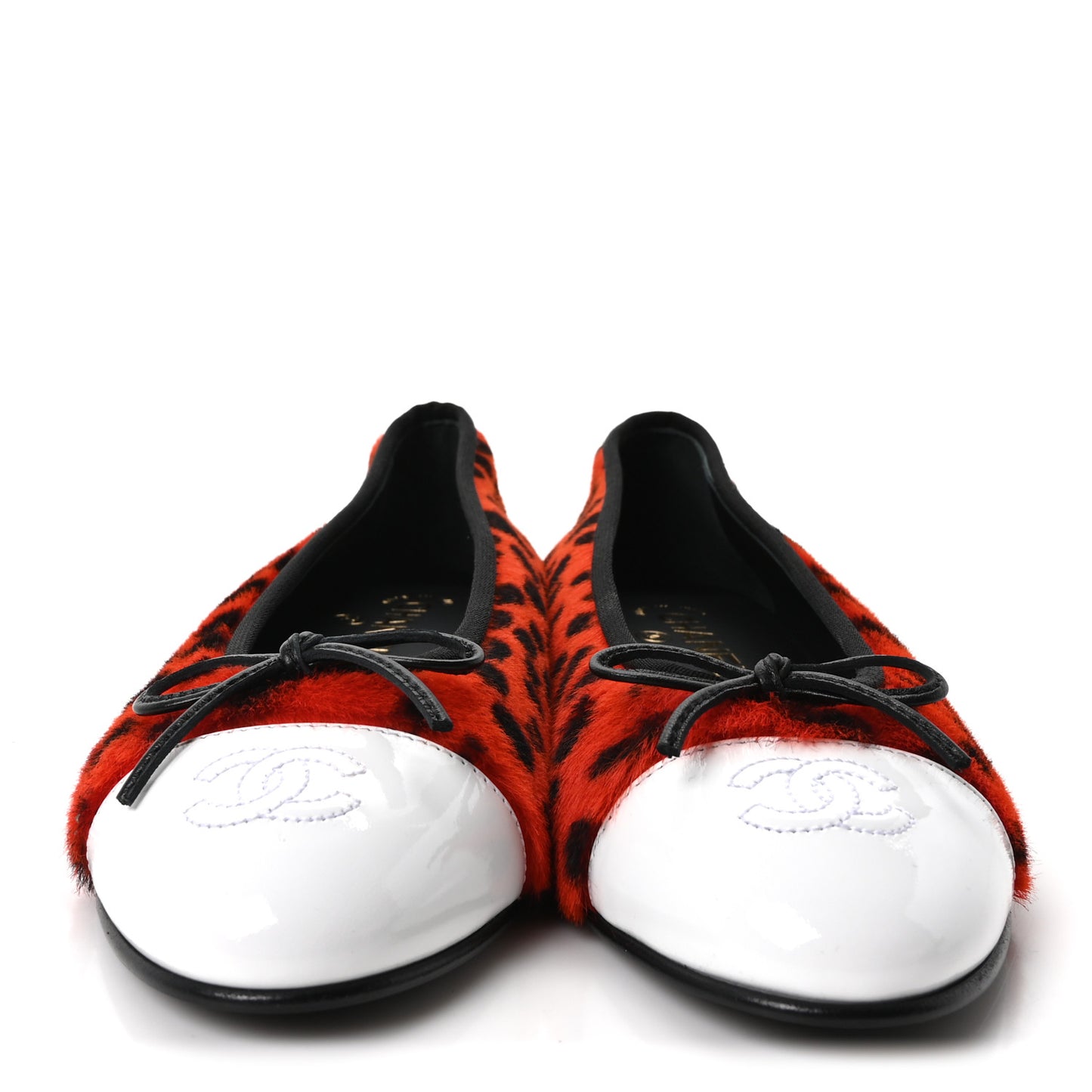 Pony Hair Patent Calfskin Cap Toe CC Ballerina Flats 39 Orange Black White