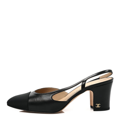 Chanel Goatskin Grosgrain Cap Toe CC Slingback Sandals 39 Black 1 of 8
