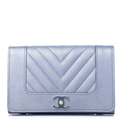 Chanel Metallic Caviar Chevron Quilted Mademoiselle Vintage Flap Wallet Blue 1 of 7