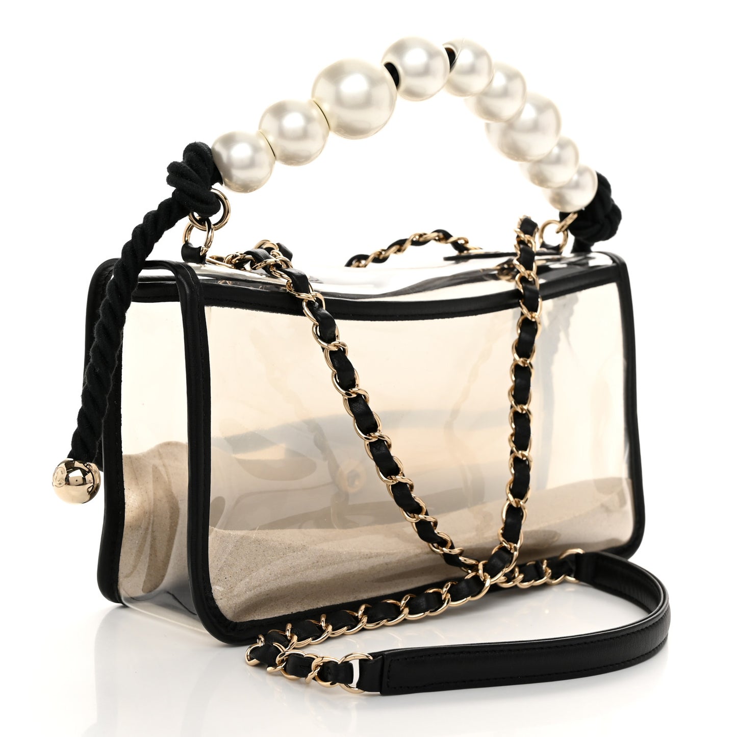Lambskin PVC Sand By The Sea Flap With Pearl Strap Black