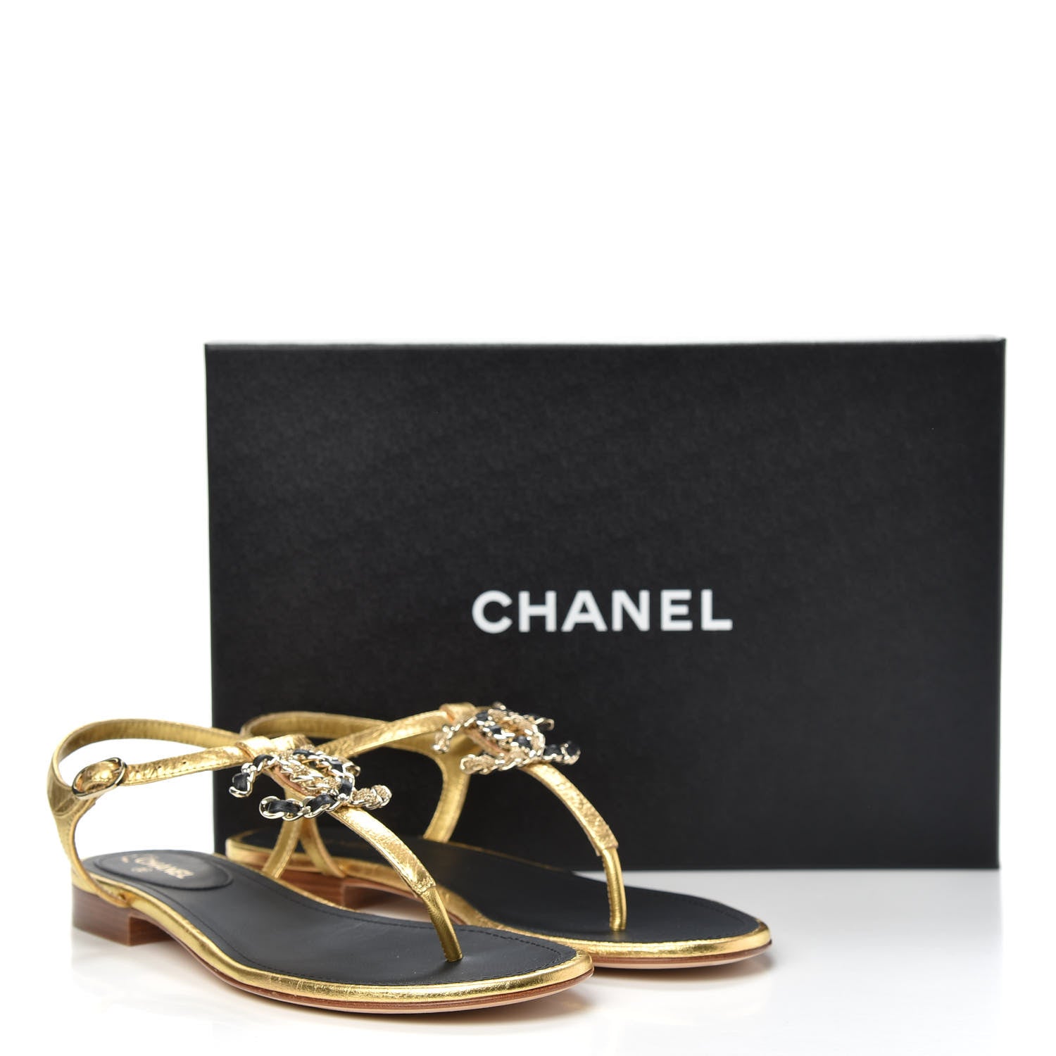 Chanel Aged Metallic Calfskin CC Chain Thong Sandals 37.5 Gold 9 of 9