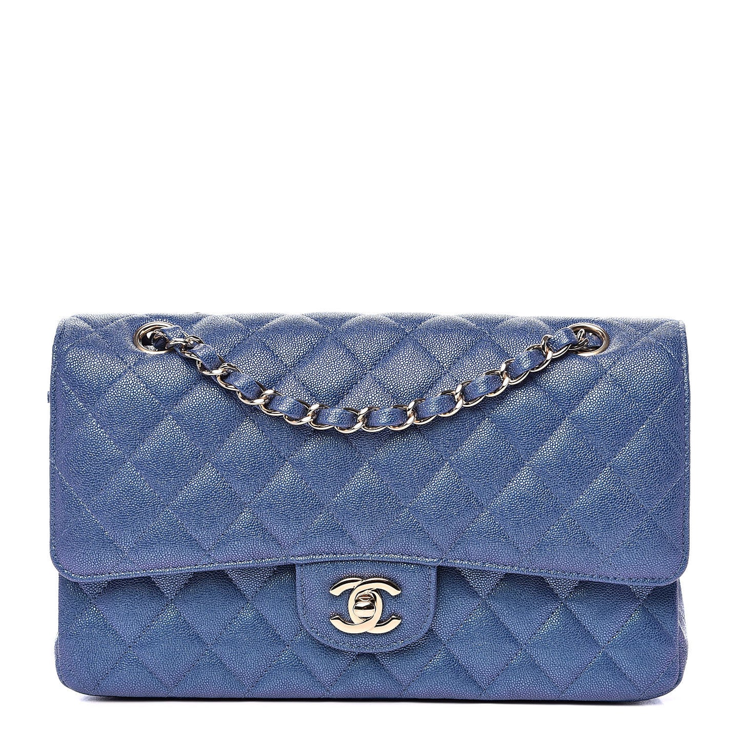 Iridescent Caviar Quilted Medium Double Flap Dark Blue