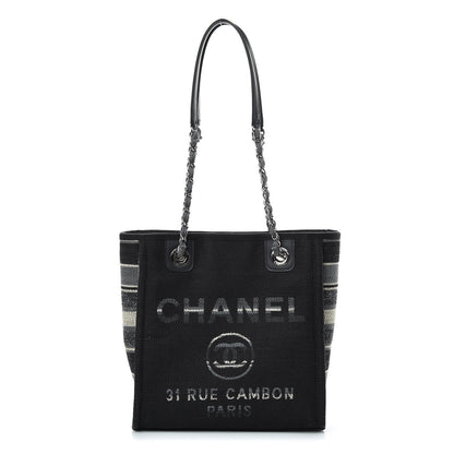 Chanel Striped Canvas Mini Deauville Tote Grey Black 1 of 10