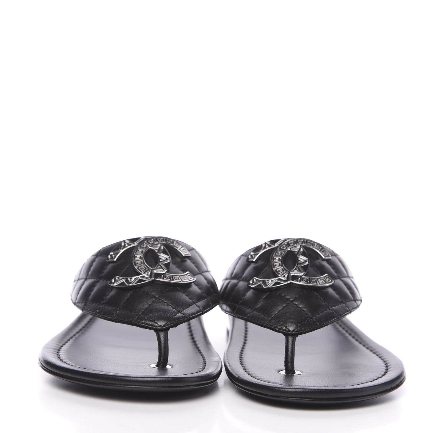 Lambskin Quilted Pearl CC Logo Thong Sandals 37 Black