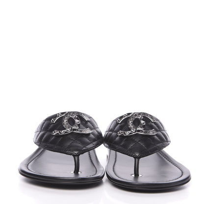 Chanel Lambskin Quilted Pearl CC Logo Thong Sandals 37 Black 2 of 9