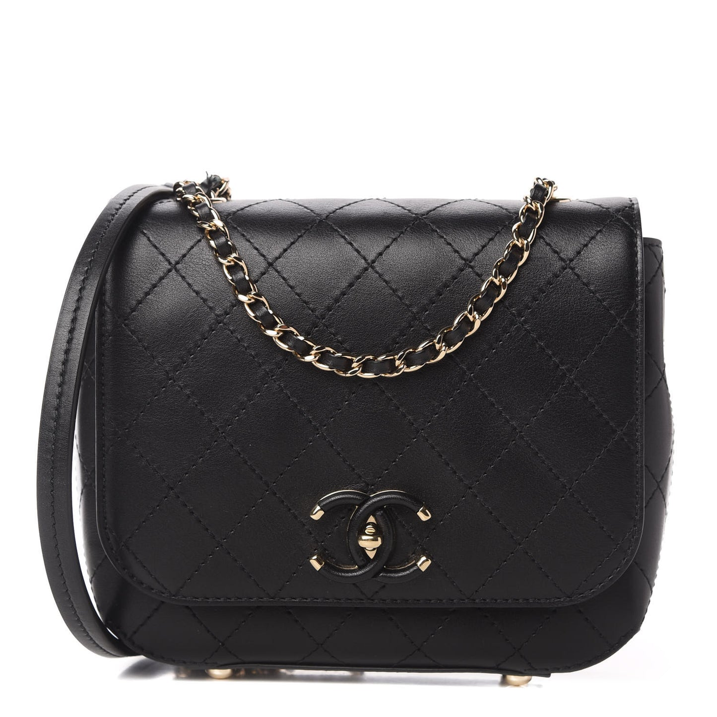 Calfskin Stitched Small Covered CC Flap Bag Black