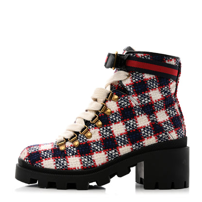 Gucci Vintage Tweed Check Lace Up Combat Ankle Boots 36.5 White Hibiscus Red Marine 1 of 9
