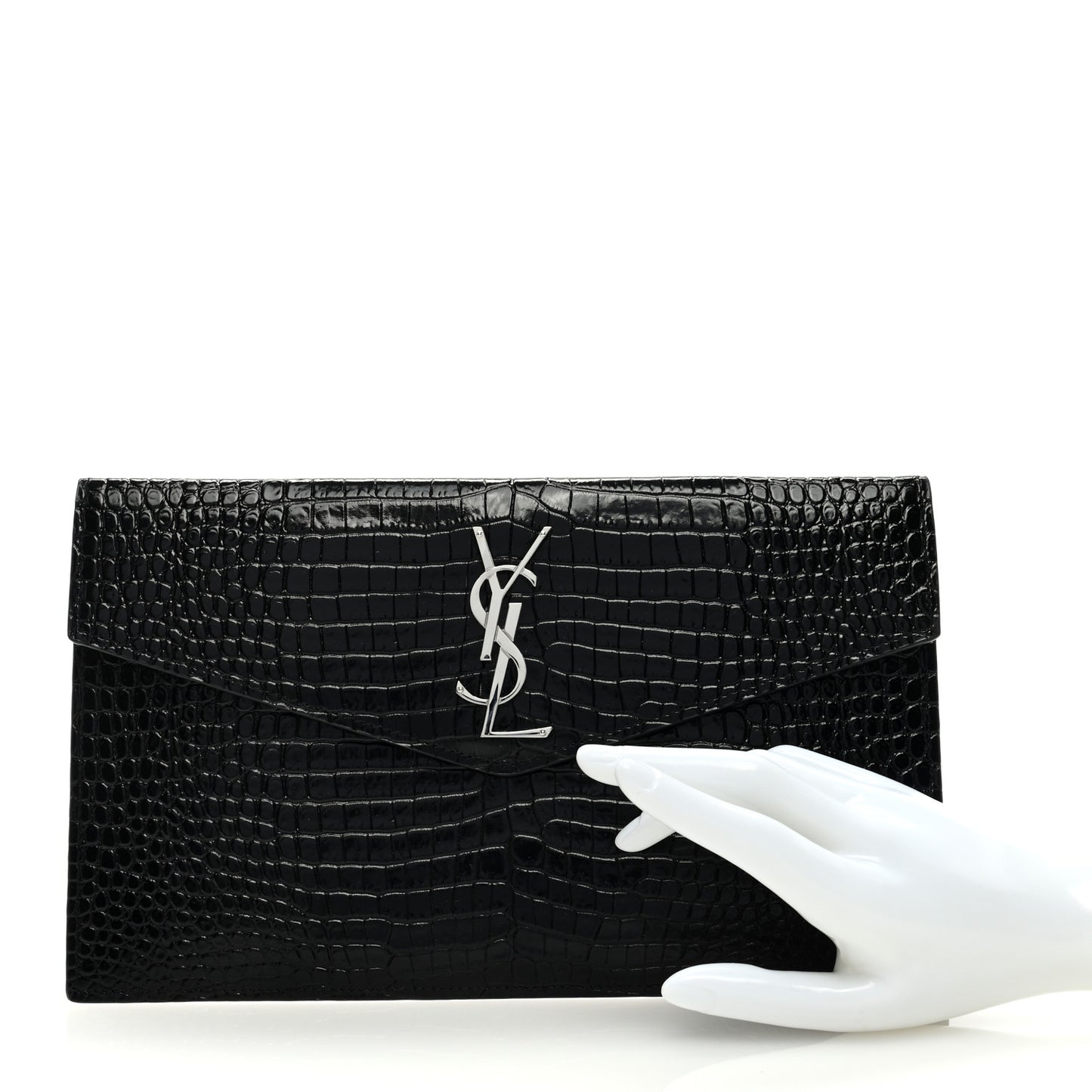 Calfskin Crocodile Embossed Uptown Monogram Clutch Black