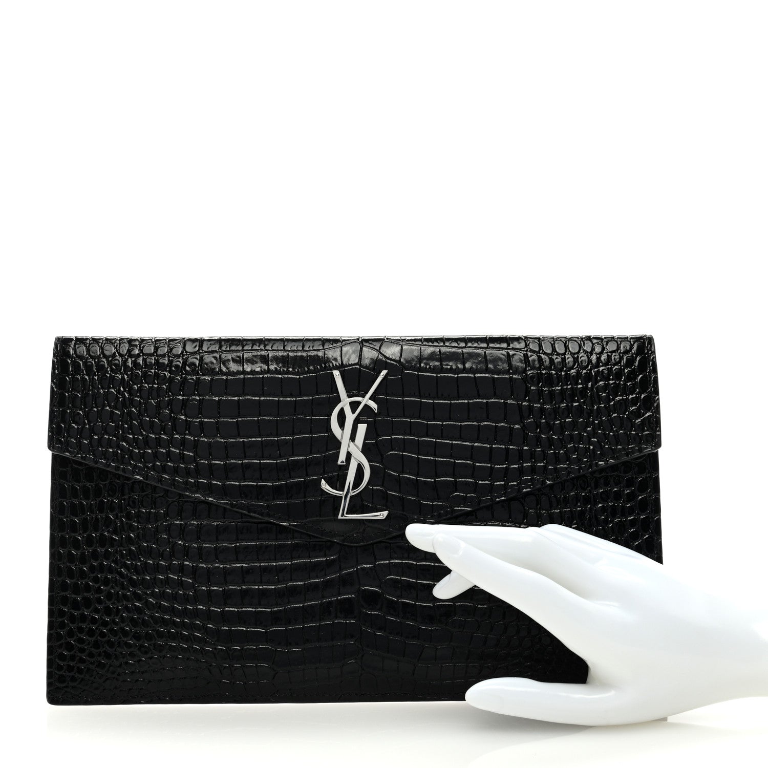 Saint Laurent Calfskin Crocodile Embossed Uptown Monogram Clutch Black 2 of 6