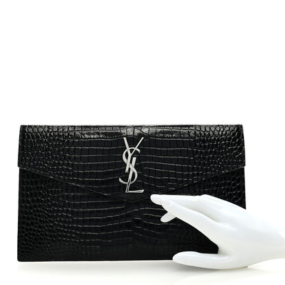Saint Laurent Calfskin Crocodile Embossed Uptown Monogram Clutch Black 2 of 6