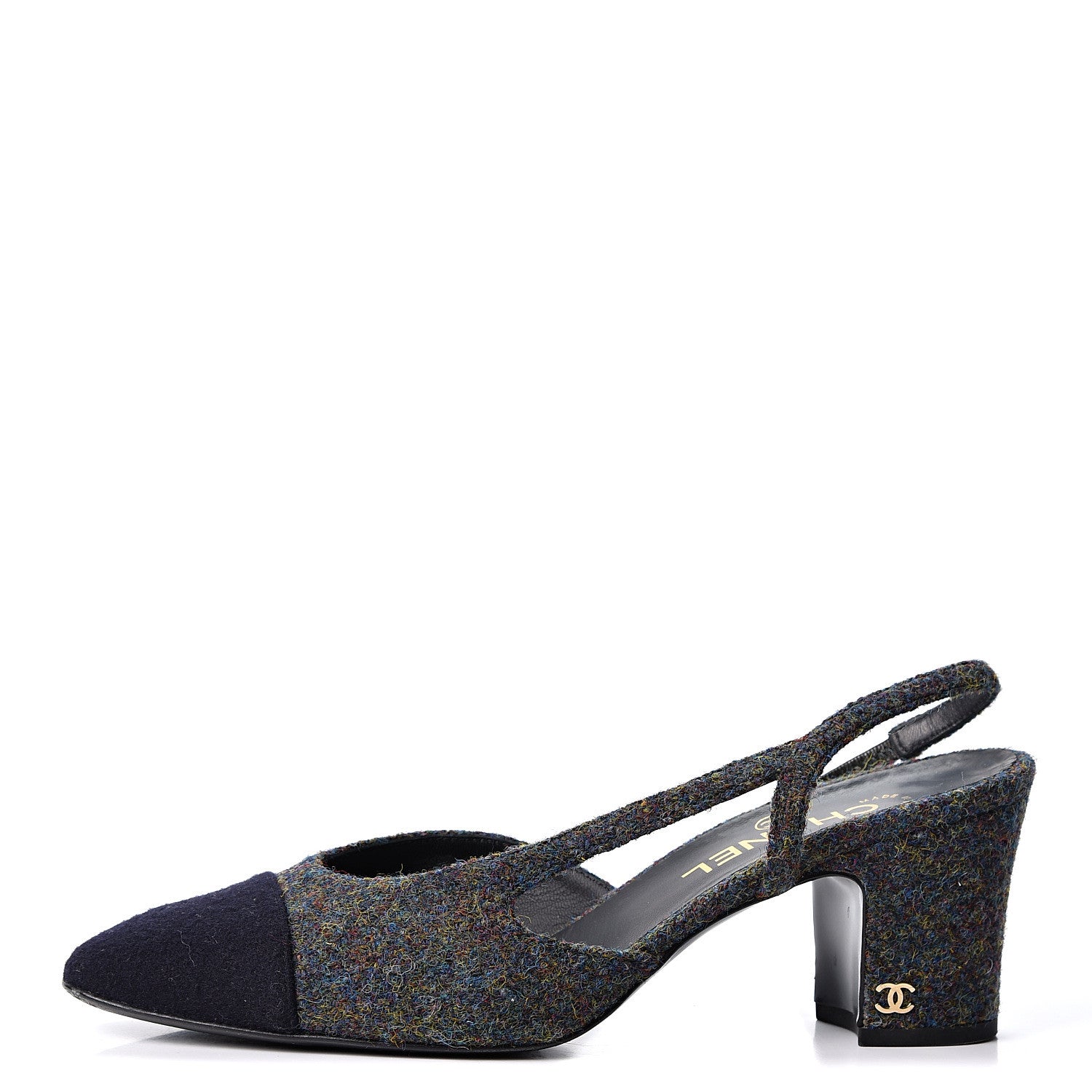 Chanel Wool Cap Toe CC Slingback Pumps 39.5 Black Dark Grey 1 of 10