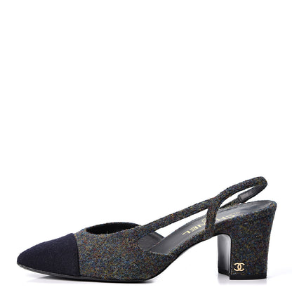 Chanel Wool Cap Toe CC Slingback Pumps 39.5 Black Dark Grey 1 of 10