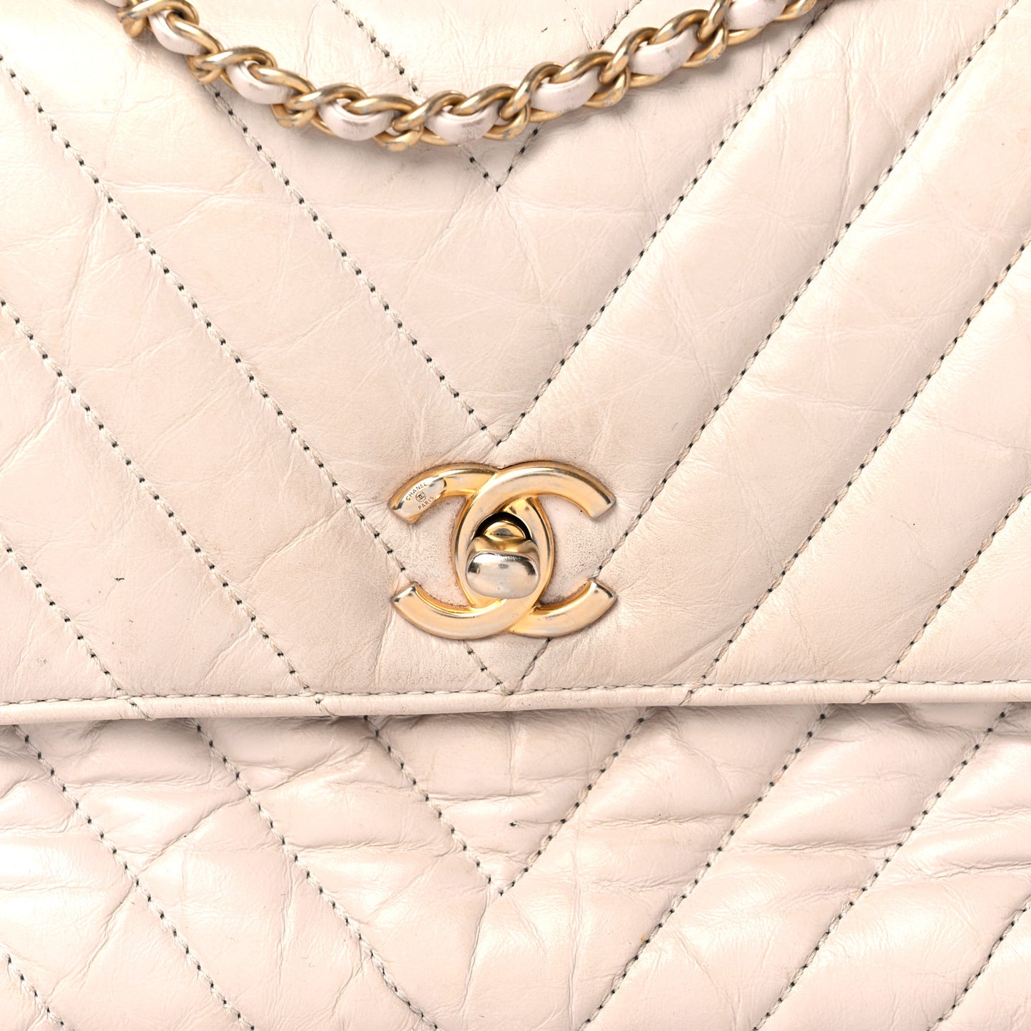 Aged Calfskin Chevron Quilted Mini Coco Handle Flap Ivory