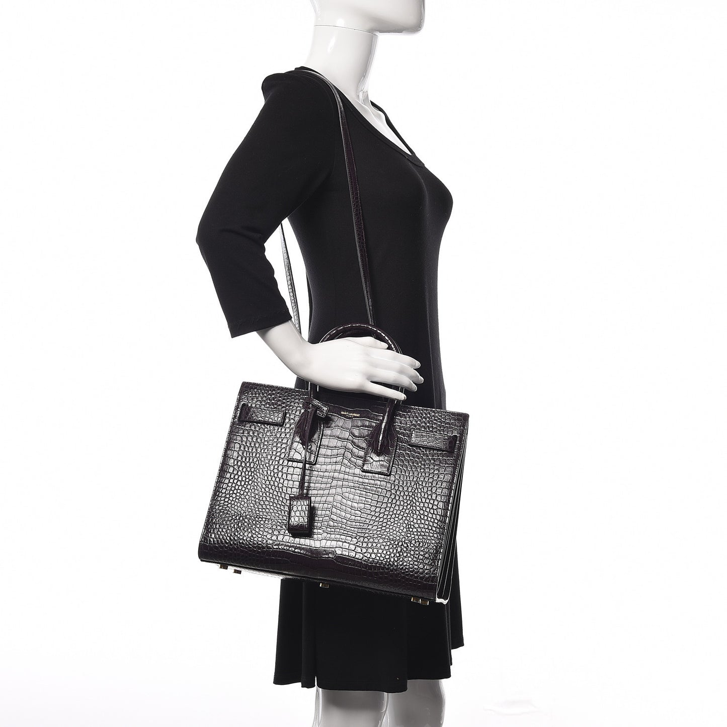 Calfskin Crocodile Embossed Small Sac de Jour Prune