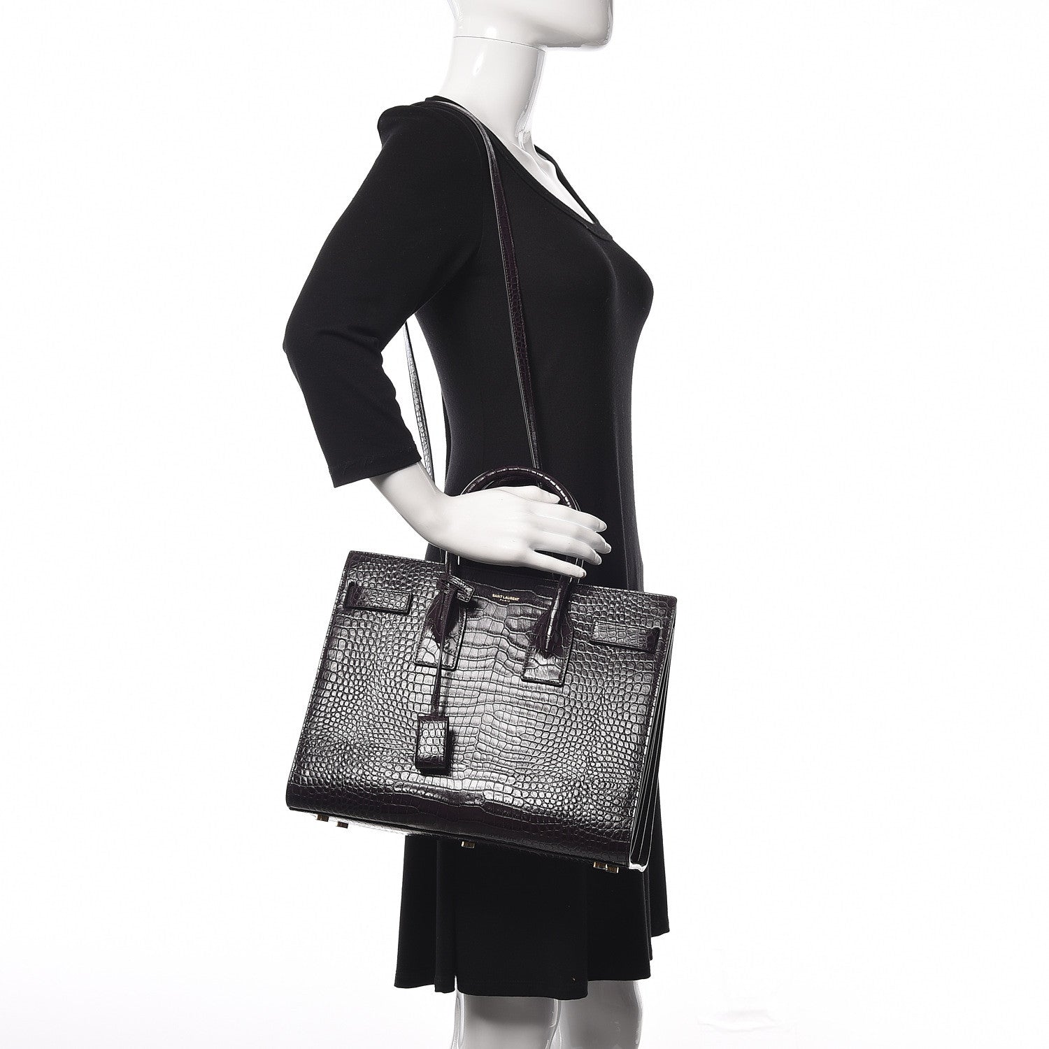 Saint Laurent Calfskin Crocodile Embossed Small Sac de Jour Prune 2 of 9