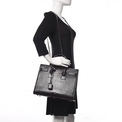 Saint Laurent Calfskin Crocodile Embossed Small Sac de Jour Prune 2 of 9