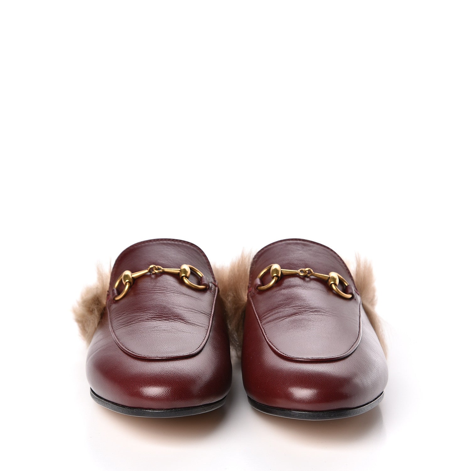 Gucci Malaga Kid Fur Womens Princetown Slippers 37 Vintage Bordeaux Naturale 2 of 9