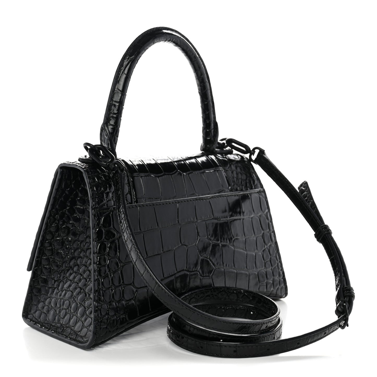 Shiny Calfskin Monochrome Crocodile Embossed Small Hourglass Top Handle Bag Black