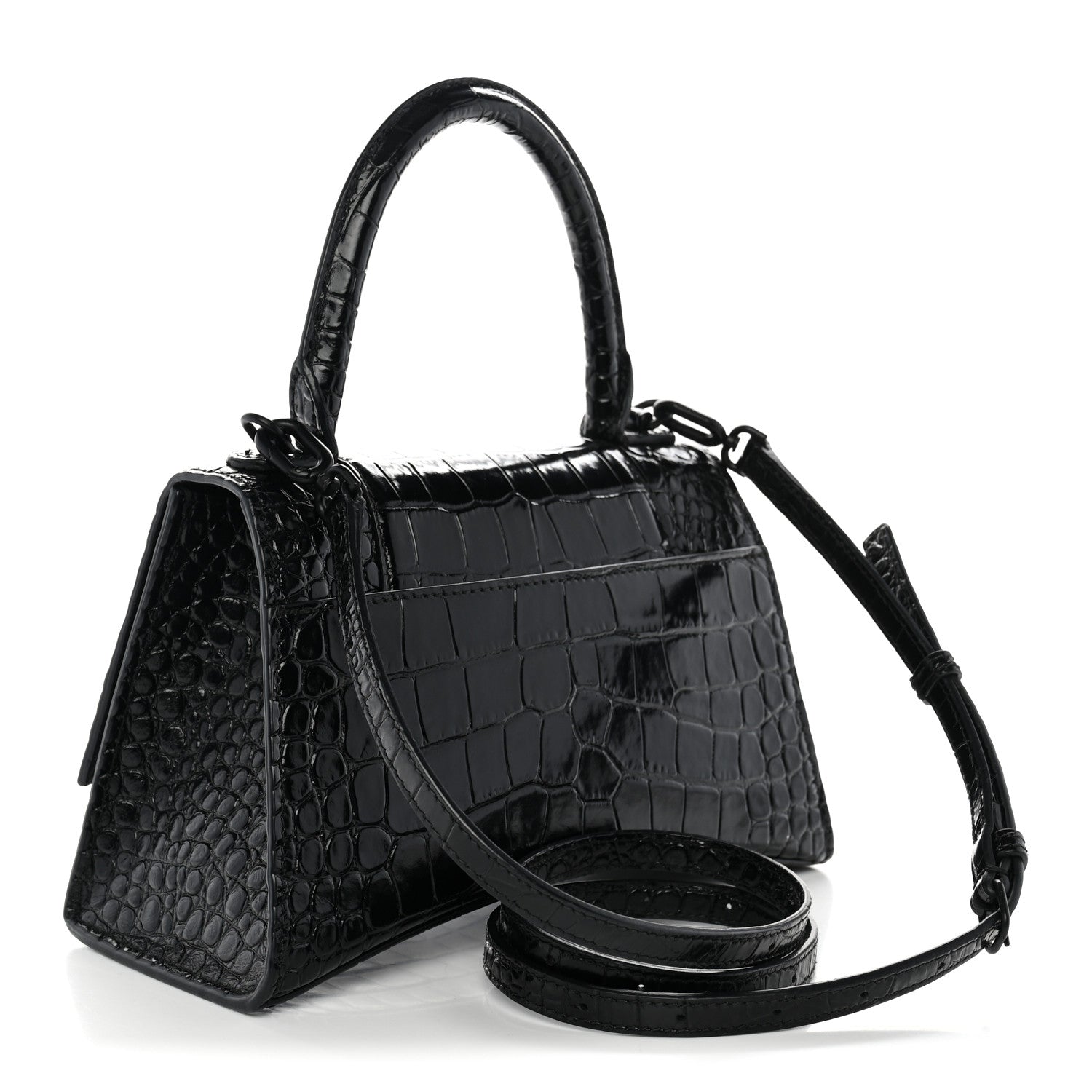 Balenciaga Shiny Calfskin Monochrome Crocodile Embossed Small Hourglass Top Handle Bag Black 3 of 12