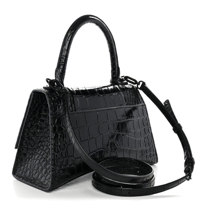 Balenciaga Shiny Calfskin Monochrome Crocodile Embossed Small Hourglass Top Handle Bag Black 3 of 12