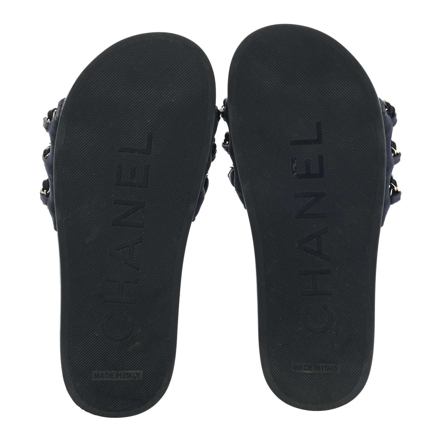 Chanel Satin Canvas Chain Slides Sandals Flats 35 Marine 5 of 9