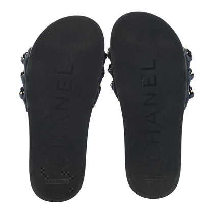 Chanel Satin Canvas Chain Slides Sandals Flats 35 Marine 5 of 9