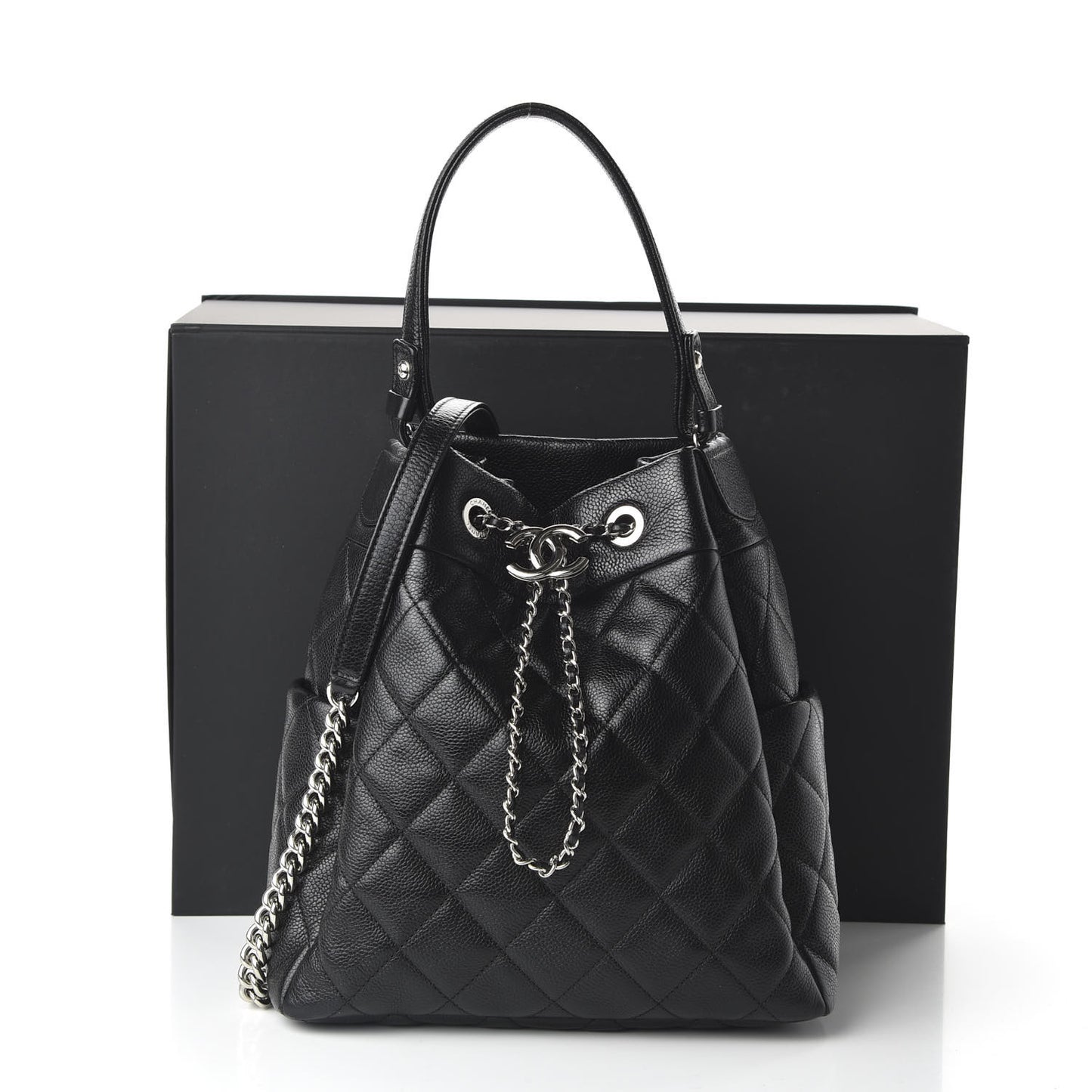 Caviar Quilted Small Chain Bucket Bag Black