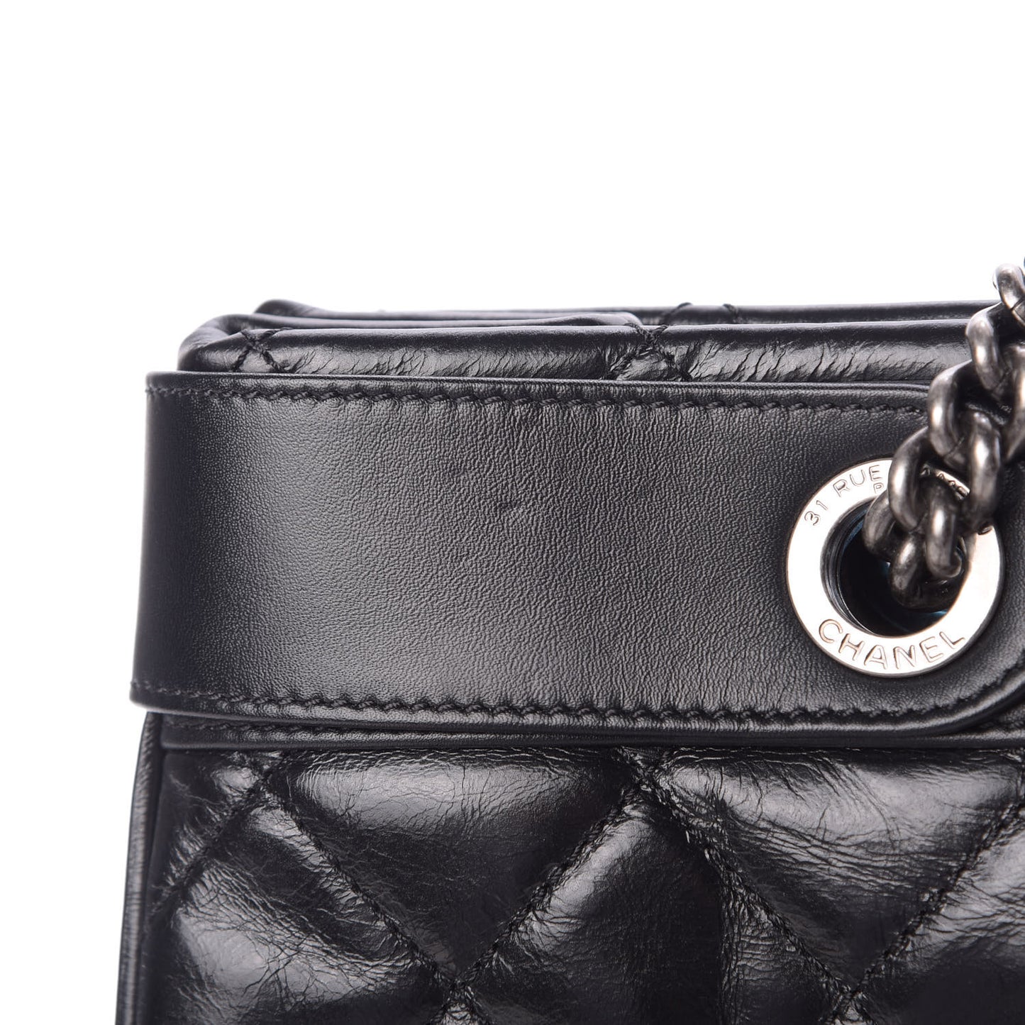 Glazed Calfskin Quilted Shopping Tote Black