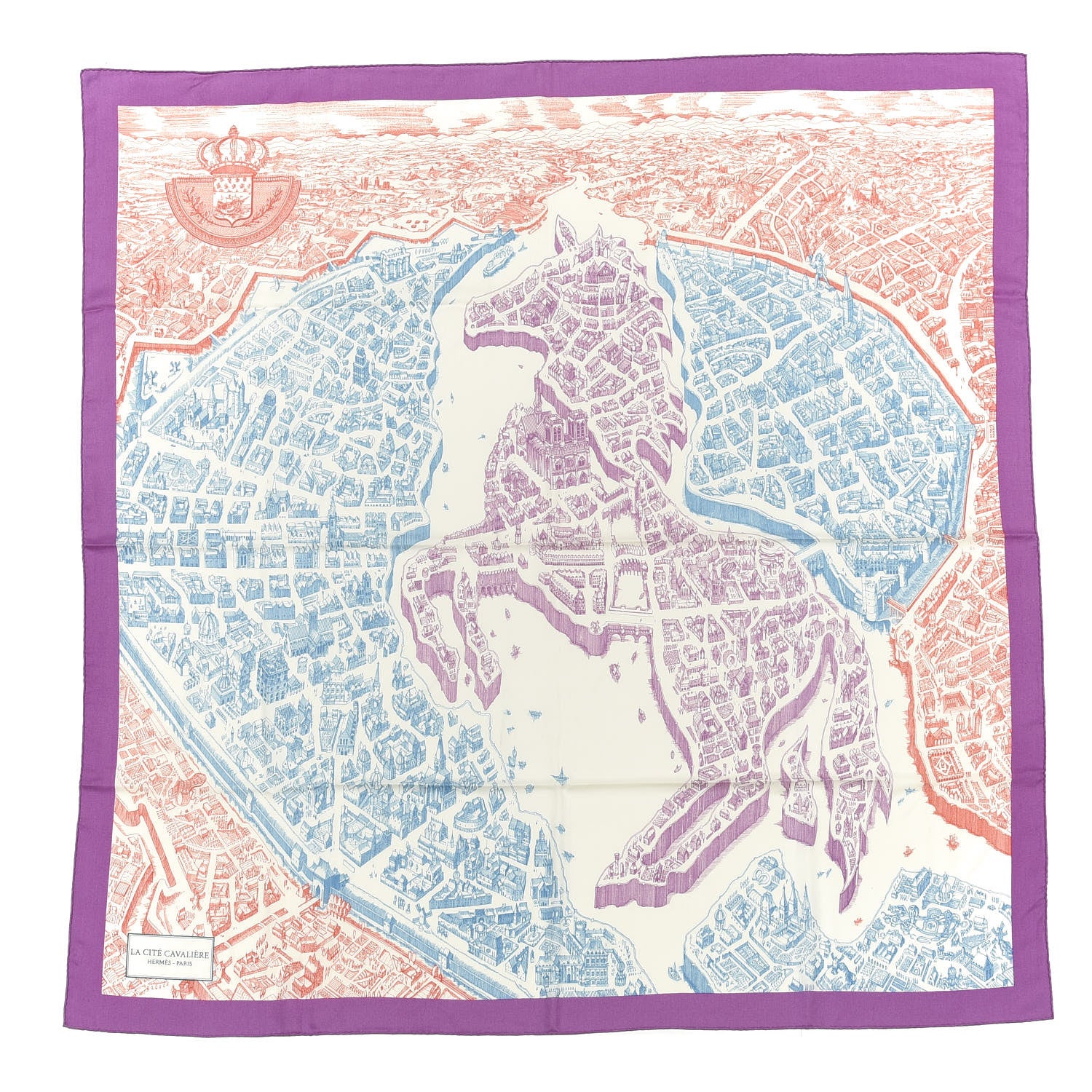 Hermes Cashmere Silk La Cite Cavaliere Shawl 140 Mauve Petrole Coral 1 of 4