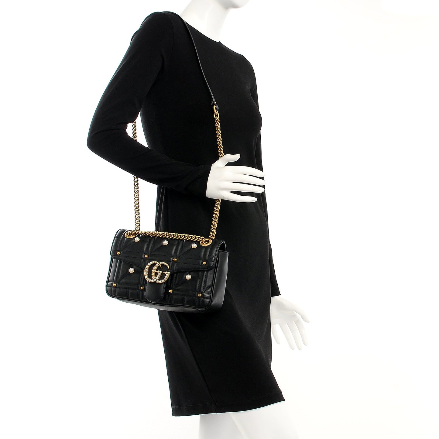 Calfskin Matelasse Studded Small Pearly GG Marmont Shoulder Bag Black